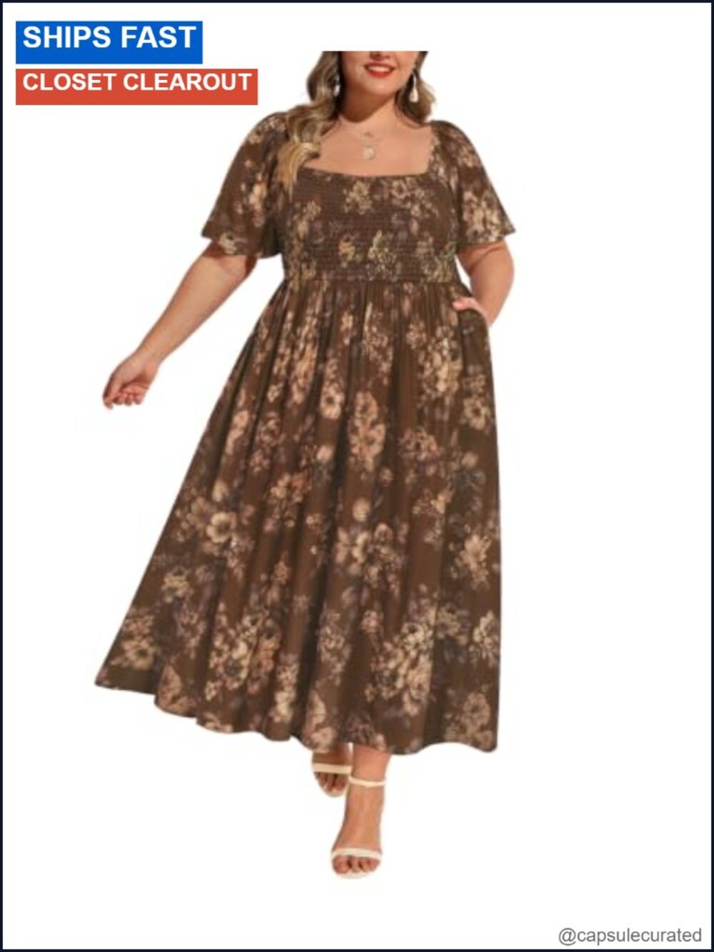 Plus Size Floral Maxi Dress Square Neck Smocked High Waist Short Sleeve Pockets